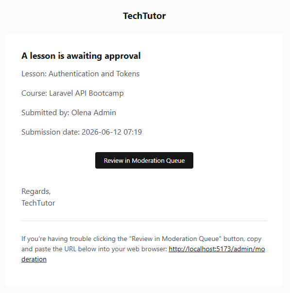 Course moderation approved email example